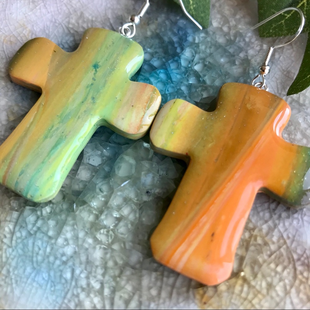 Handmade Polymer Clay Cross Dangle Earrings